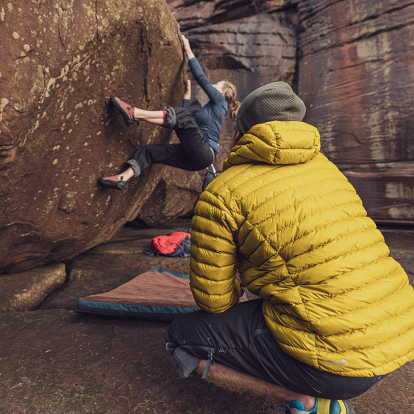 Bouldering with a clean down jacket
