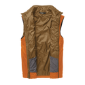 Unzipped orange insulated vest with bronze interior fabric