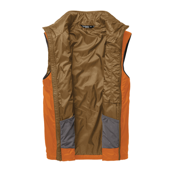Unzipped orange insulated vest with bronze interior fabric