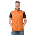Man standing wearing orange insulated vest with bronze accents and Big Agnes logo