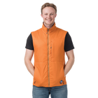 Man standing wearing orange insulated vest with bronze accents and Big Agnes logo
