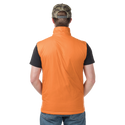 Person wearing an orange vest over a black shirt with a camouflage cap on a white background