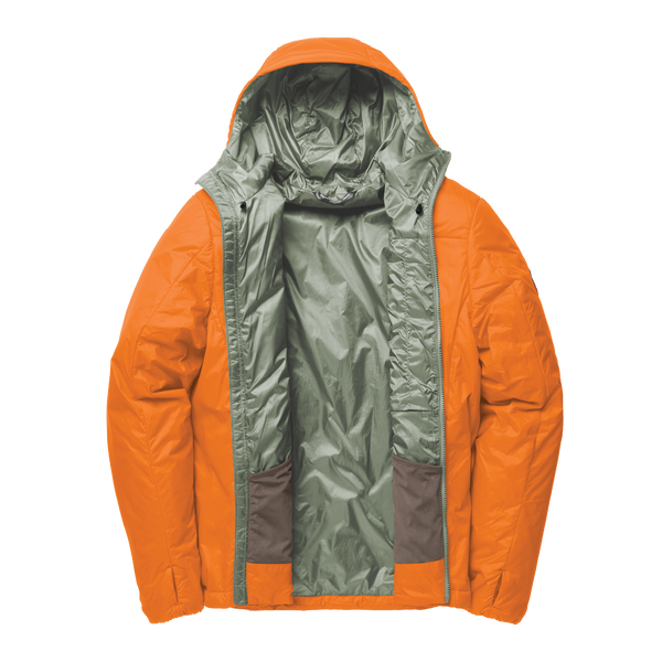Orange and gray jacket with a hood on a white background