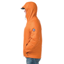 Side view of man standing in burnt orange jacket with Big Agnes logo