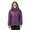 Woman wearing dark purple geometric patterned hooded jacket