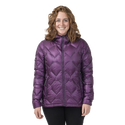 Woman wearing dark purple geometric patterned hooded jacket