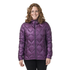 Woman wearing dark purple geometric patterned hooded jacket