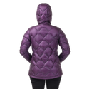 Rear view of woman wearing dark purple geometric patterned hooded jacket