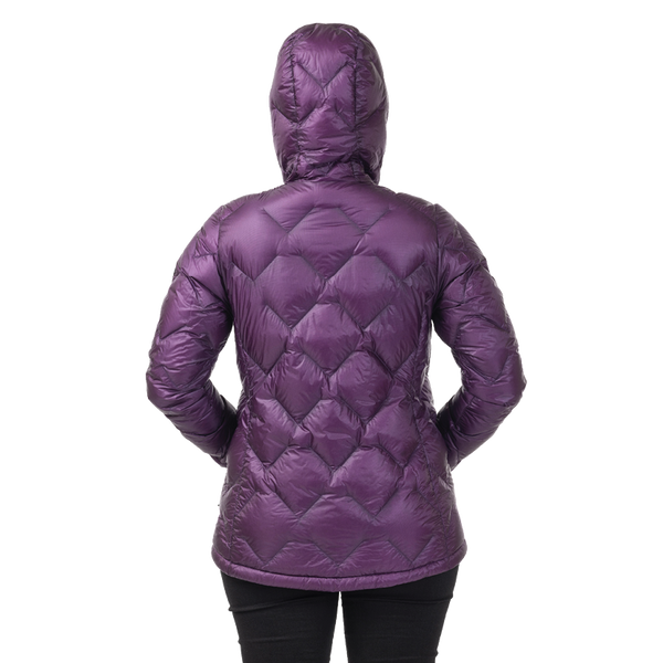 Rear view of woman wearing dark purple geometric patterned hooded jacket