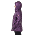 Side view of woman wearing dark purple geometric patterned hooded jacket