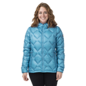 Woman in geometric patterned blue puffer jacket