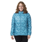 Woman in geometric patterned blue puffer jacket