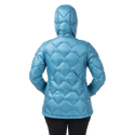 Rear view of woman wearing blue geometric patterned hooded jacket