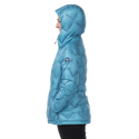 Woman in profile wearing blue geometric patterned hooded jacket