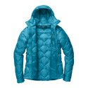 Blue geometric patterned hooded jacket unzipped