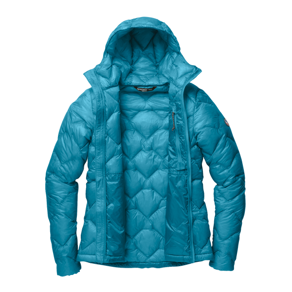 Blue geometric patterned hooded jacket unzipped