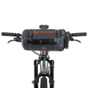 Bicycle handlebar with a black bag and visible branding on a white background