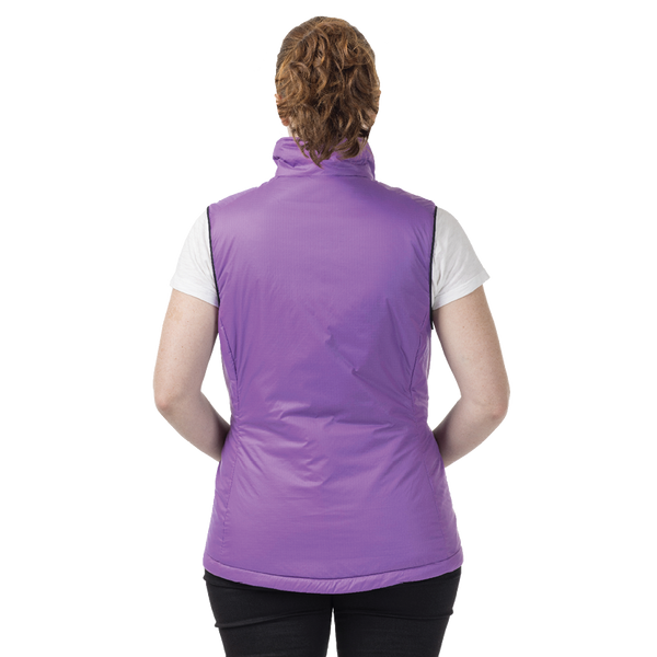 Rear view of woman wearing purple vest