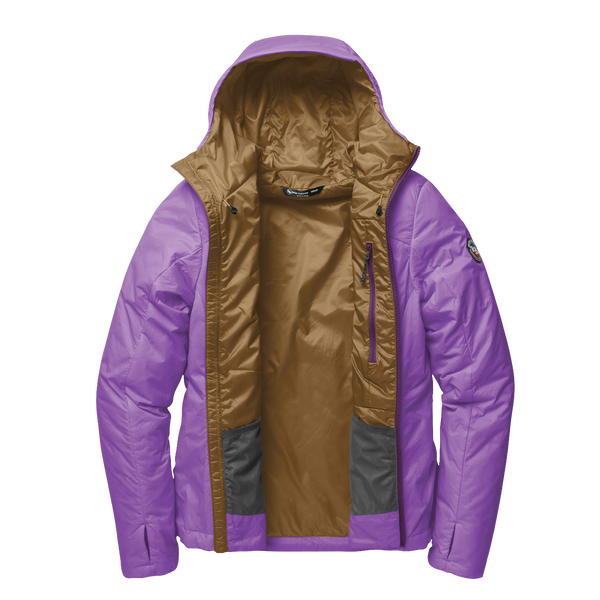 Purple hooded jacket with bronze interior unzipped