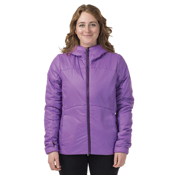 Woman wearing purple hooded jacket