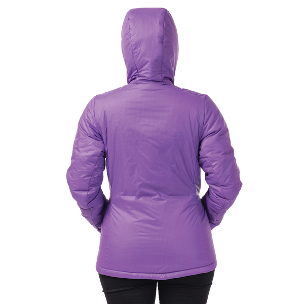 Rear view of woman wearing purple hooded jacket