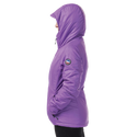 Side view of woman wearing purple hooded jacket