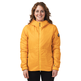 Woman wearing yellow hooded jacket