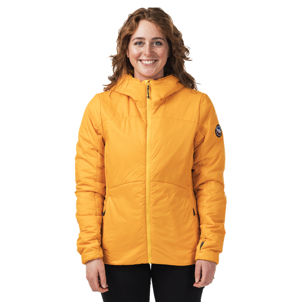 Woman wearing yellow hooded jacket