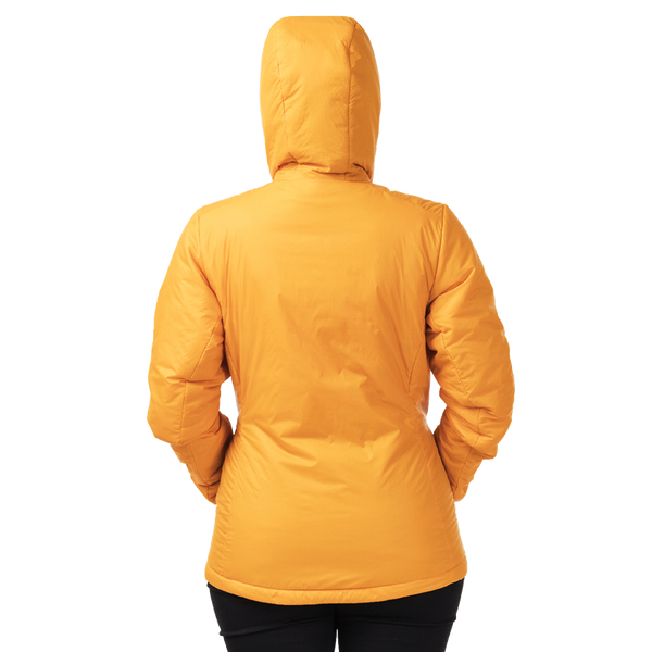 Rear view of woman wearing yellow hooded jacket
