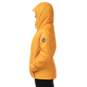 Side view of woman wearing yellow hooded jacket