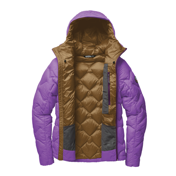 Purple jacket with a bronze liner unzipped, on a white background