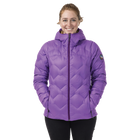 Person wearing a purple quilted jacket on a white background