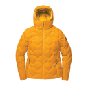 Mustard yellow quilted jacket on a white background