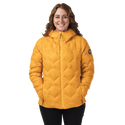 Person wearing a mustard yellow quilted jacket on a white background