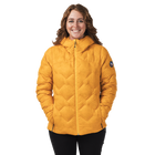 Person wearing a mustard yellow quilted jacket on a white background