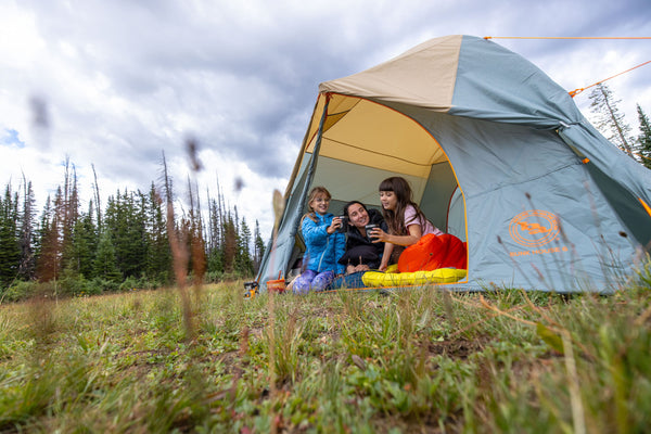 Three children sit on sleeping pads at the entrance of a tent in a grassy meadow, looking at a smartphone together, with trees and a cloudy sky in the background.