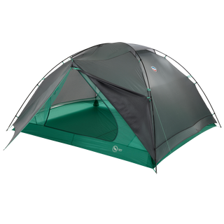 The Big Agnes Sarvis VST 3 is a green and gray dome-shaped tent with mesh panels, two top-crossing poles, and an open door revealing the interior. This ultralight shelter is pitched on a white background.