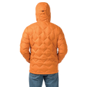 Orange puffer jacket with a brand logo on a white background