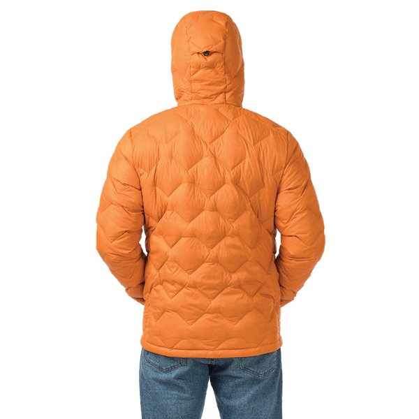 Orange puffer jacket with a brand logo on a white background