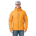 Person wearing a yellow quilted jacket with a brand logo on a white background