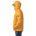 Person wearing a mustard yellow puffer jacket with a brand logo on a white background