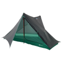 The Big Agnes String Ridge VST 1.5 is a green and gray ultralight A-frame tent for two, with mesh sides, a rainfly, and two poles—partially open to reveal the interior—ideal for outdoor camping adventures.