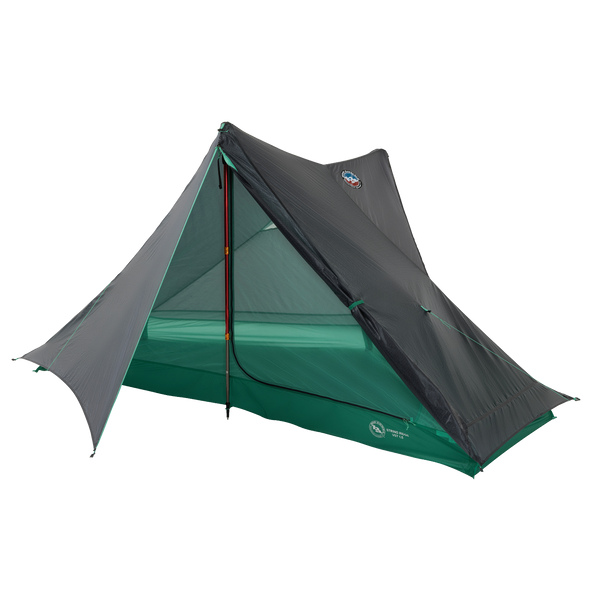 The Big Agnes String Ridge VST 1.5 is a green and gray ultralight A-frame tent for two, with mesh sides, a rainfly, and two poles—partially open to reveal the interior—ideal for outdoor camping adventures.
