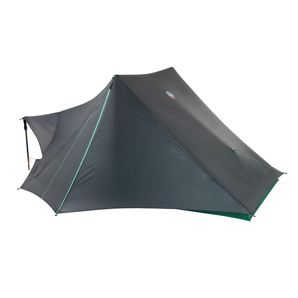 The Big Agnes String Ridge VST 1.5 is a dark gray, modern tent with angular sides and green trim, shown on a white background. This ultralight shelter boasts a tall central peak, spacious interior, and sturdy design.