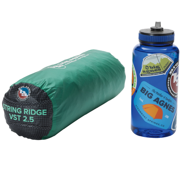 Green sleeping bag and blue water bottle with Big Agnes branding on a white background