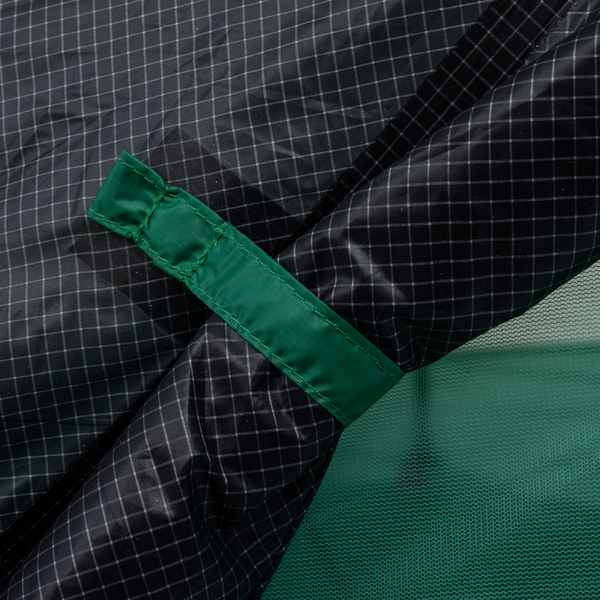 Close-up of a green strap on a black and green checkered fabric