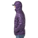 Person wearing a dark purple puffer jacket with a brand logo on a white background